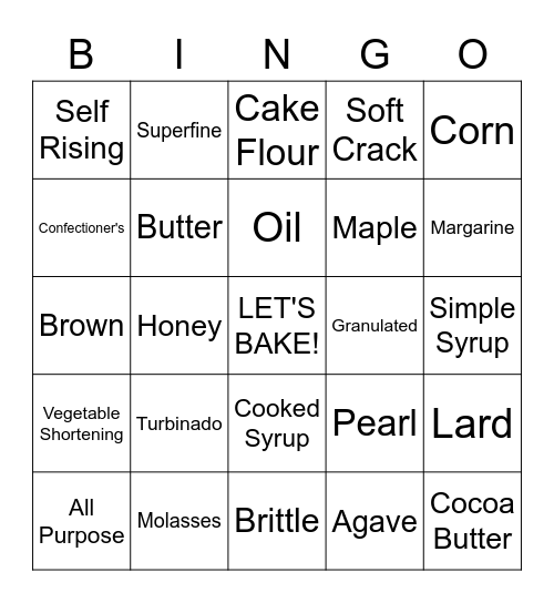 Bakeshop Ingredients Bingo Card