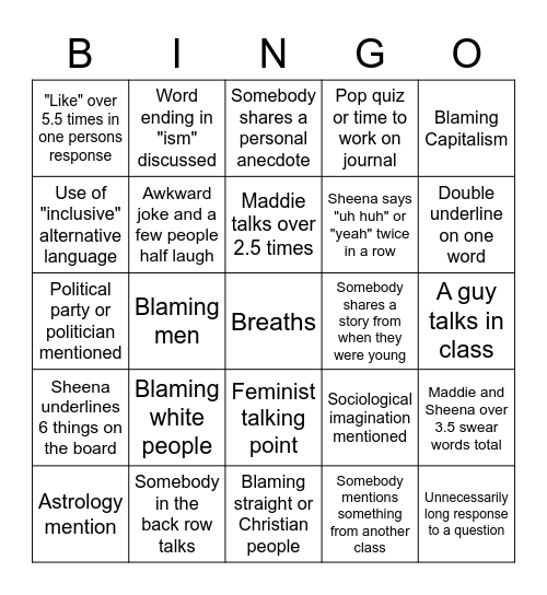 Intro to Sociology Bingo Card