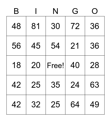 Multiplication Fact Bingo Card