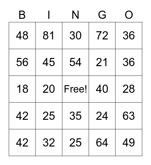 Multiplication Fact Bingo Card