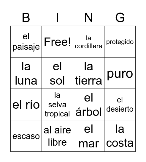 La naturaleza p158 Bingo Card