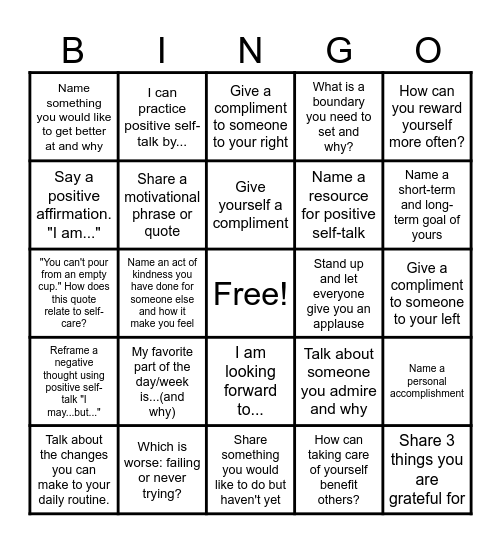 Positive Self-Talk Bingo Card