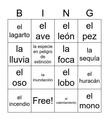 Los animales y los fenómenos naturales p158 Bingo Card