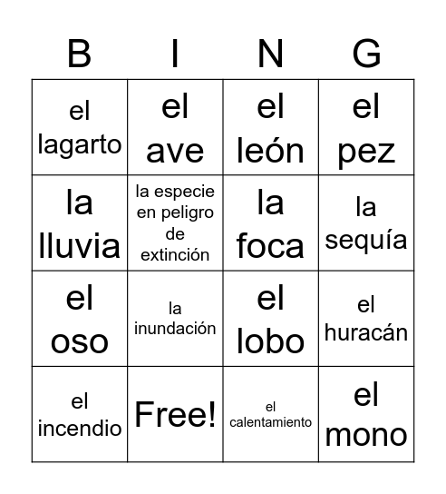 Los animales y los fenómenos naturales p158 Bingo Card
