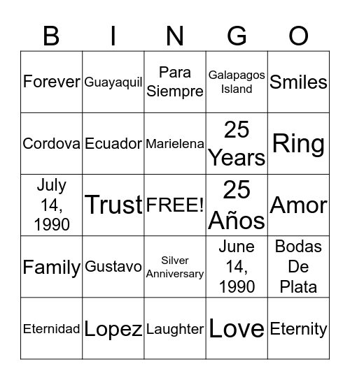 25th Anniversary Bingo Card