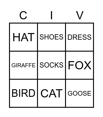 ANIMALS AND CLOTHES Bingo Card