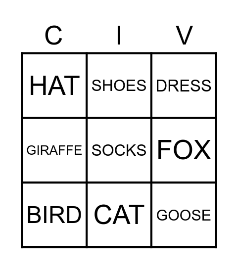 ANIMALS AND CLOTHES Bingo Card