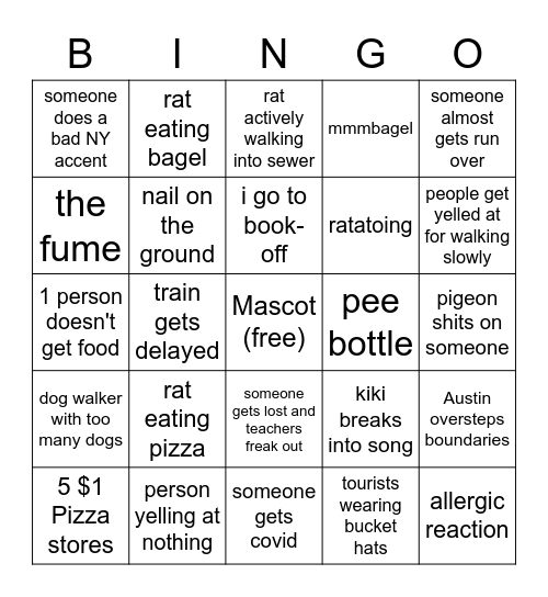 New York Trip Bingo Card