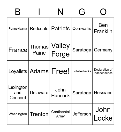 American Revolution Bingo Card