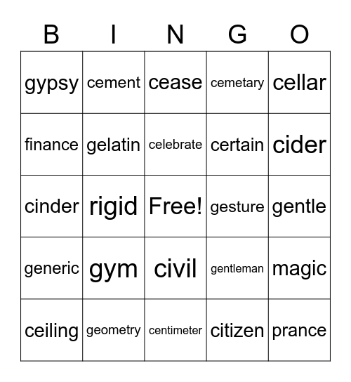 silent c/g words Bingo Card