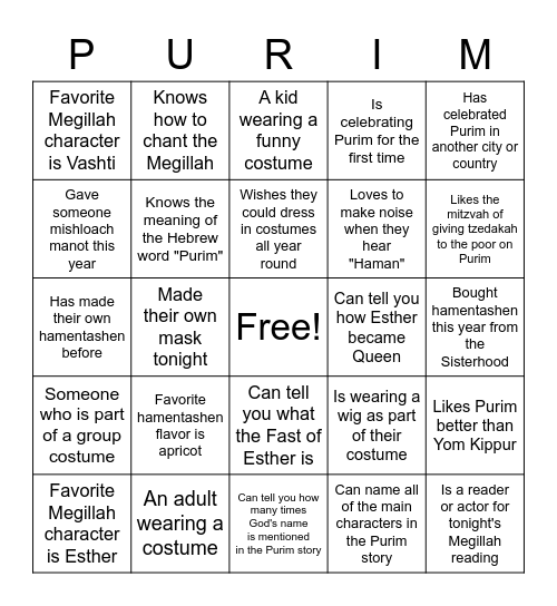 Human Bingo: Purim Edition Bingo Card