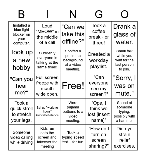 Work From Home Bingo Card