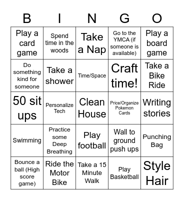 Cliff's Calming Choice Bingo Card