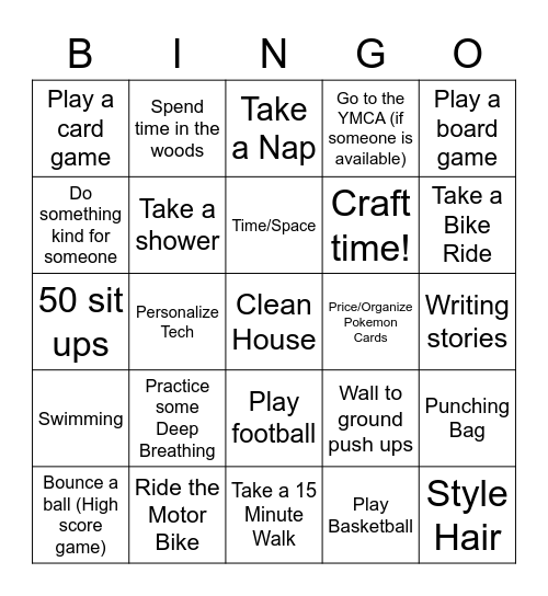 Cliff's Calming Choice Bingo Card