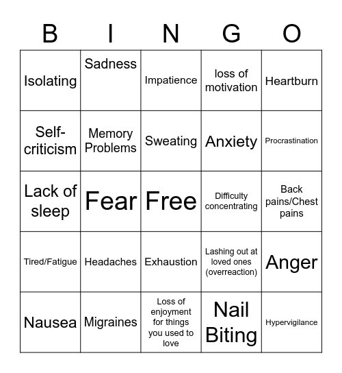 Stress Bingo Card