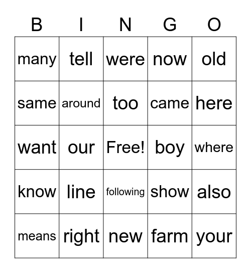 Sight Words Bingo Card