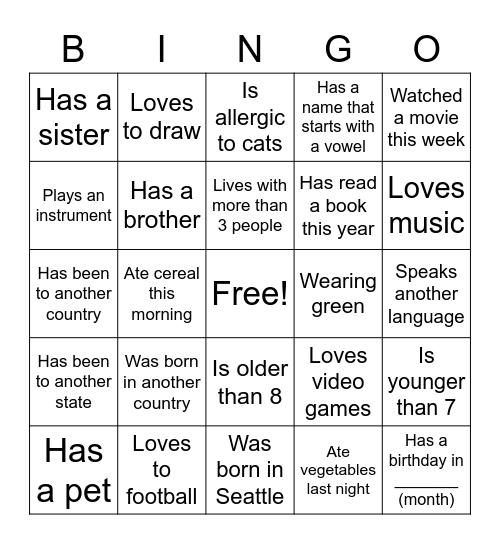 Getting to Know You Bingo Card