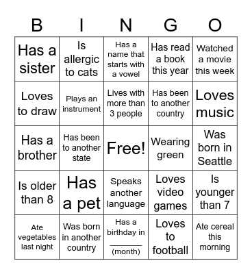 Getting to Know You Bingo Card