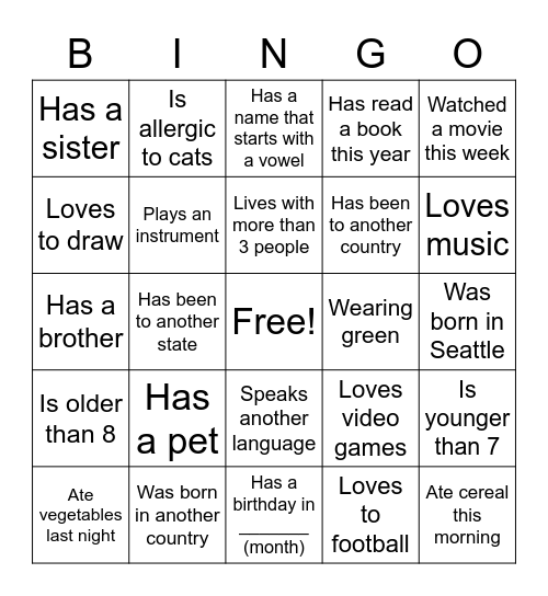 Getting to Know You Bingo Card