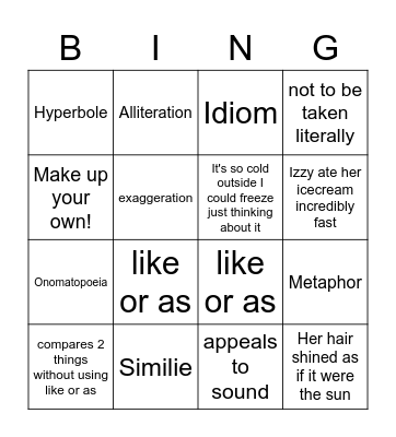 Figurative Language Bingo! Bingo Card