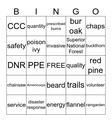 Conservation Corps Bingo Card