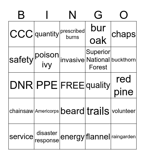 Conservation Corps Bingo Card