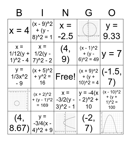 Algebra Conic Section Review Bingo Card