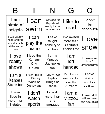 Life Experience Bingo Card