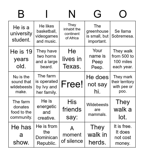 Sobremesa, Epidsodio 1 Bingo Card