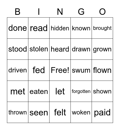 Irregular Verbs (Past Participles Bingo Card
