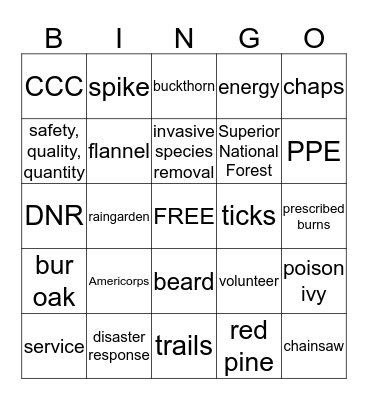Conservation Corps Bingo Card
