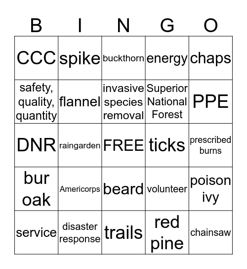 Conservation Corps Bingo Card