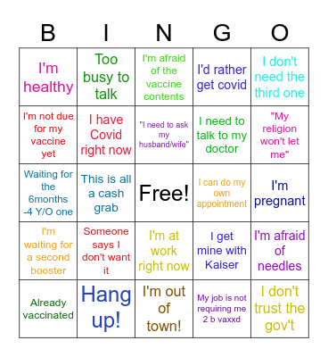 Vax 58 Team 1 Bingo! Bingo Card