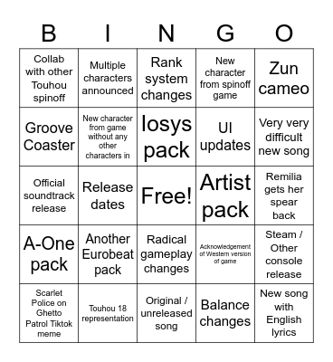 Touhou Spell Bubble developer update #1 Bingo Card