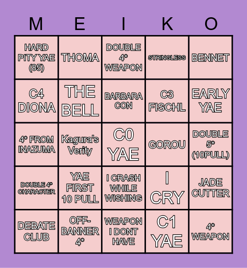 Yae Summons Bingo Card