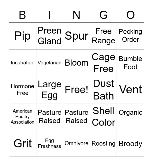 Poultry Words Bingo Card