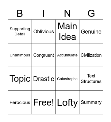 Vocabulary Bingo! Bingo Card