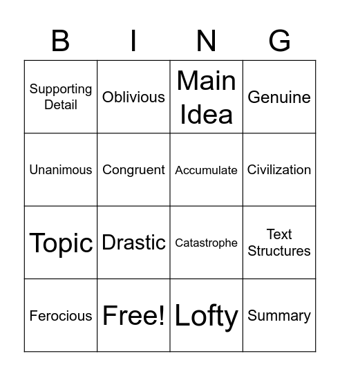 Vocabulary Bingo! Bingo Card