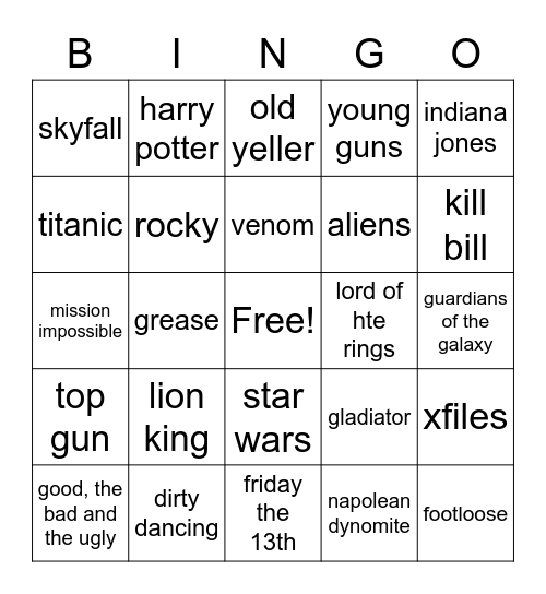 Songs from movies! Bingo Card