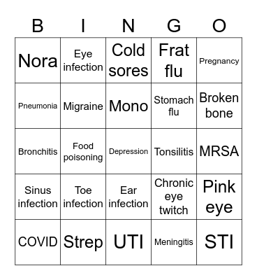 College Illnesses Bingo Card