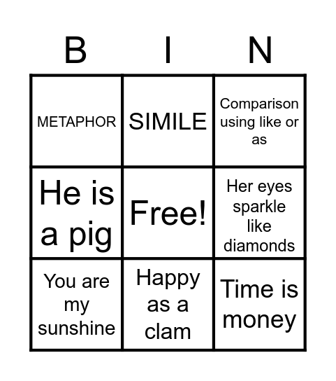 Similes and Metaphors Bingo Card