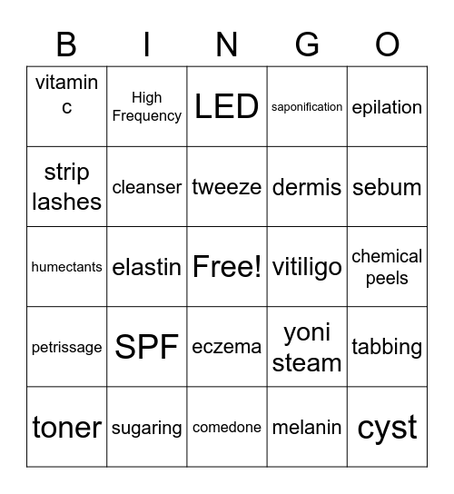 Esthetics Bingo Card