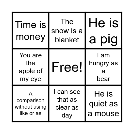 Simile and Metaphor Bingo Card