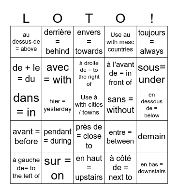 Les prépositions / les adverbs Bingo Card