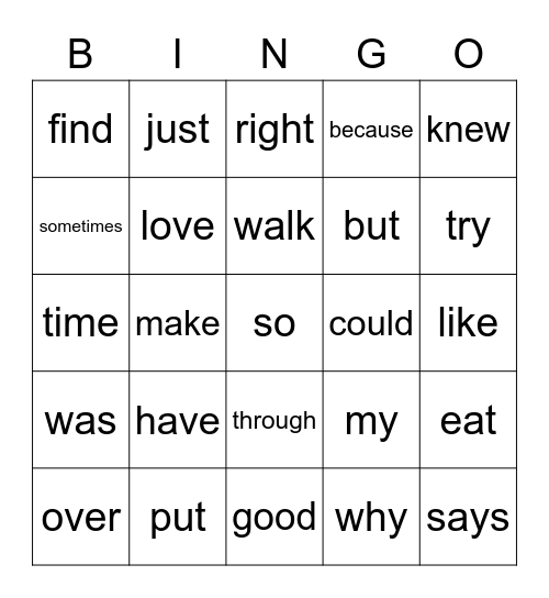 Site Word Bingo! 2nd Bingo Card
