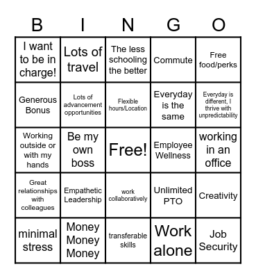 Career Qualities Important To me Bingo Card