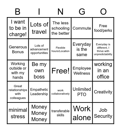 Career Qualities Important To me Bingo Card