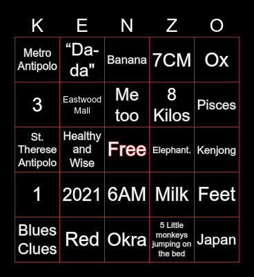 Kenzo’s 1st Birthday Bingo Card