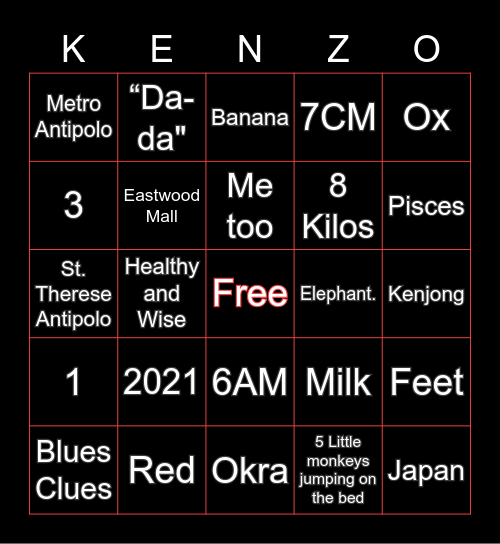 Kenzo’s 1st Birthday Bingo Card