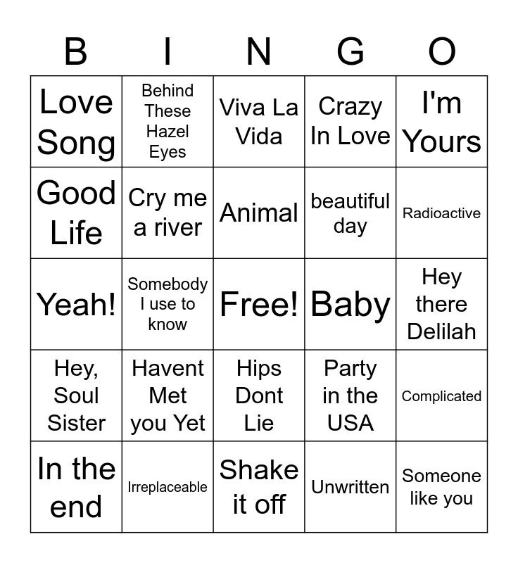 Music Bingo 2000s Bingo Card